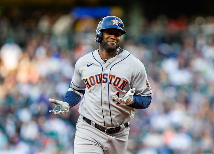 Yordan Álvarez rounds the bases after hitting a home run against the Seattle Mariners.